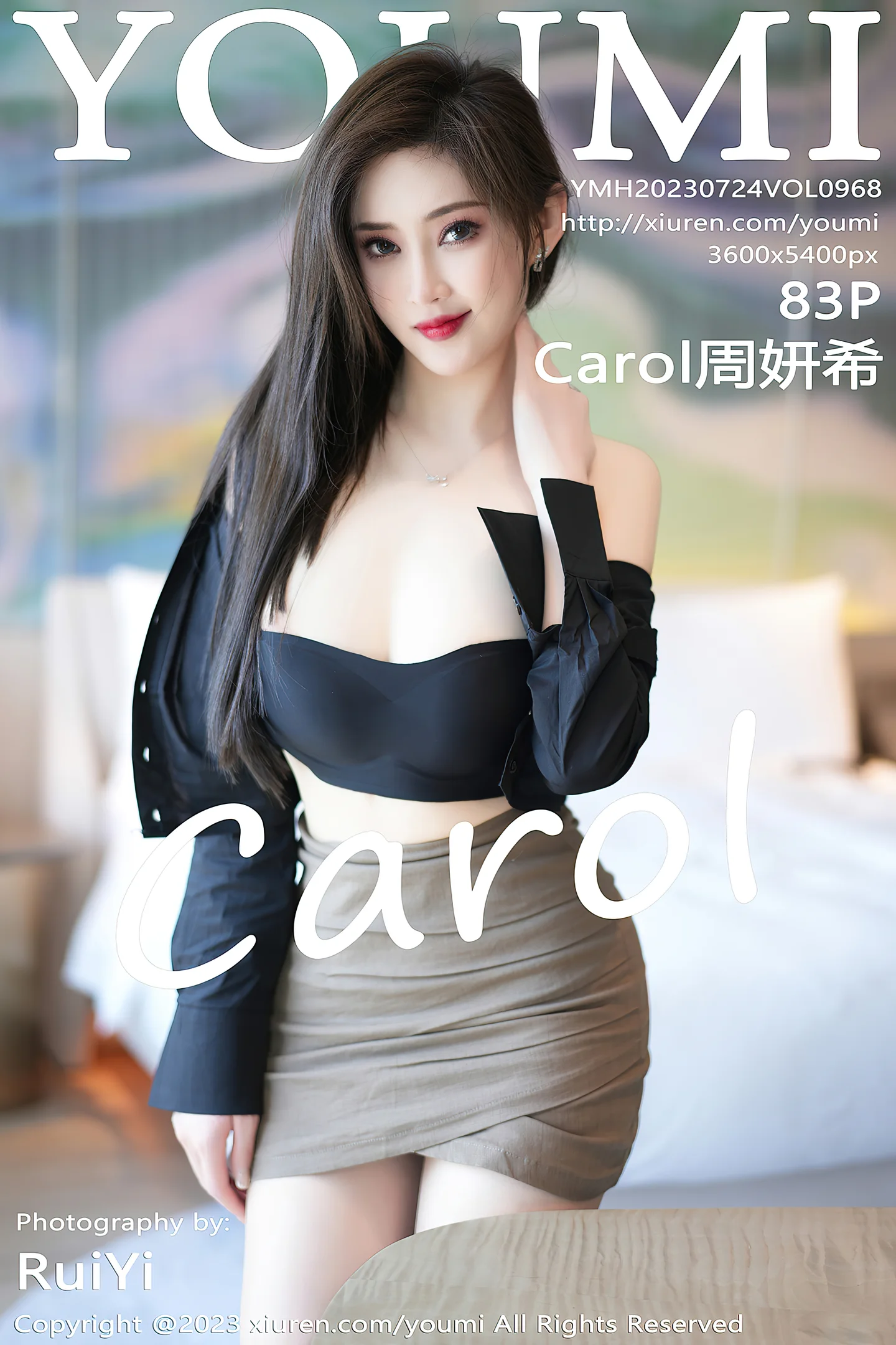 [YouMi尤蜜荟]Vol.968_女神Carol周妍希性感黑衬衫配驼色短裙露黑色内衣完美诱惑写真83P-秀人网 - XiuRen.Pro